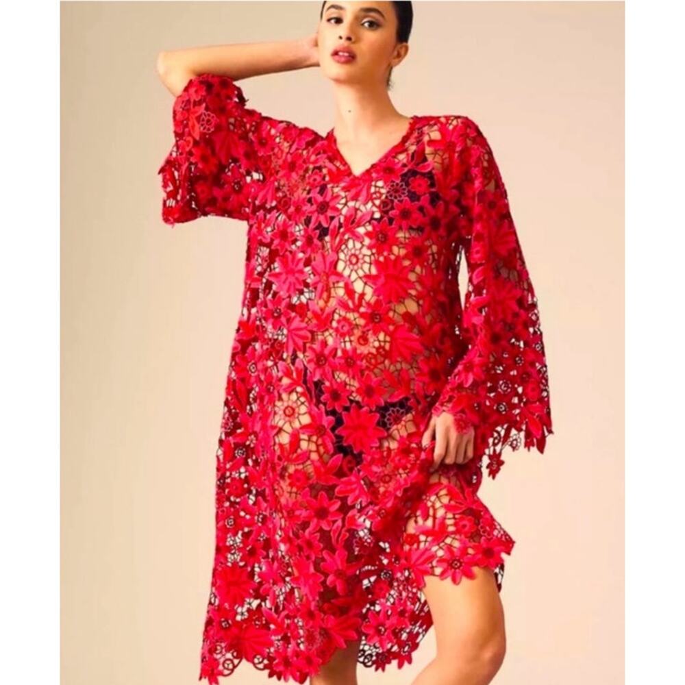 Anthropologie‎ Maeve X By Anthropologie Floral Lace Red Kaftan One Size Fits All